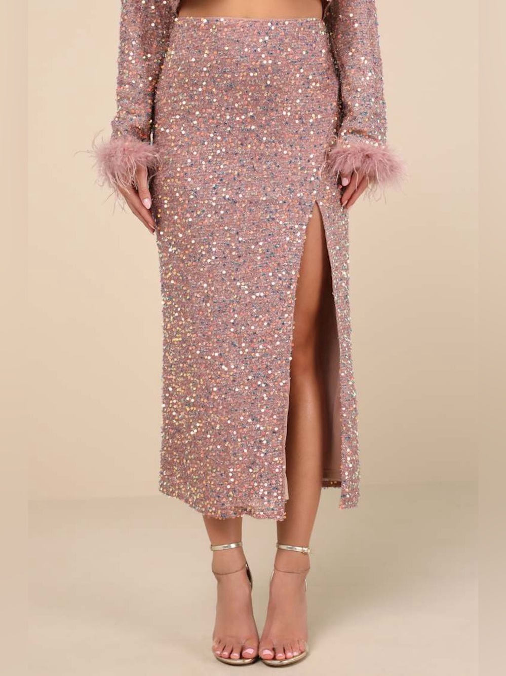 NWT Lulu's Sequin Pink Maxi Skirt Side Slit